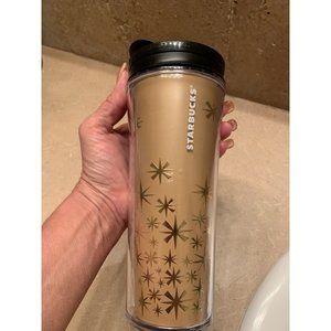 Starbucks 2011 Travel Mug 12 oz Holiday Metallic Gold Star Snowflakes NEW
